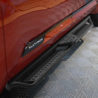 The step bars surface is rounded and smooth without sharp bumps to prevent scratching the skin. The square tube of side steps can protect rocker panel and impact protection.