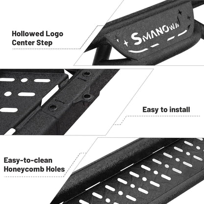 The step bars surface is rounded and smooth without sharp bumps to prevent scratching the skin. The square tube of side steps can protect rocker panel and impact protection. Tubes with a diameter of 2 inches support up to 500 lbs. Solid one piece design. No end caps to lose!