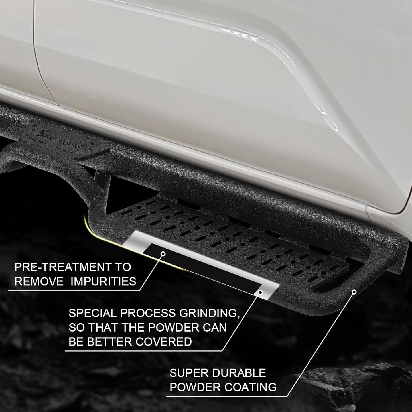 The side steps are made of heavy duty carbon steel with dual-stage textured black powder surface that resist heavy rain and snowstorms and can prevent rust and corrosion. Tubes with a diameter of 2 inches support up to 500 lbs.