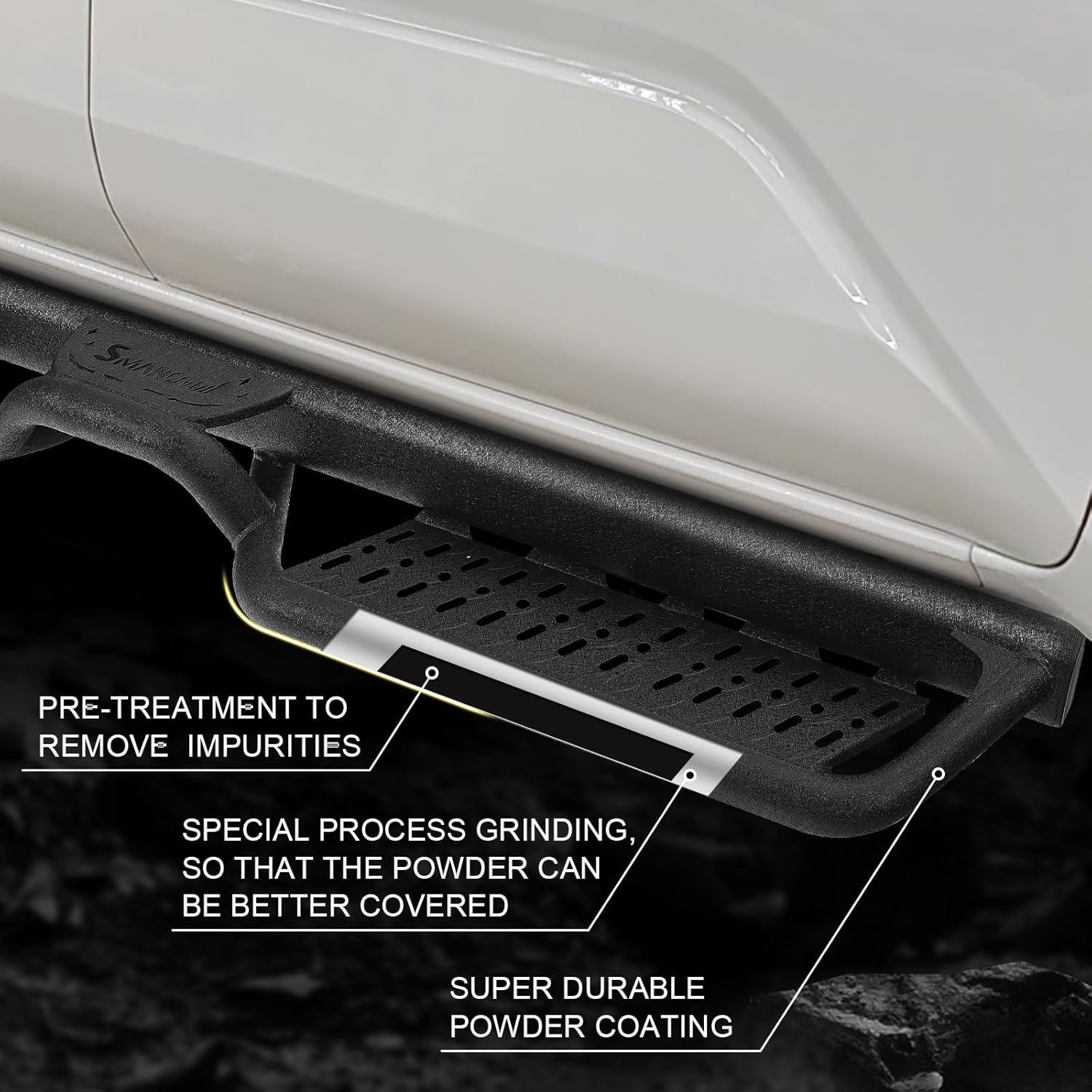 The side steps are made of heavy duty carbon steel with dual-stage textured black powder surface that resist heavy rain and snowstorms and can prevent rust and corrosion. Tubes with a diameter of 2 inches support up to 500 lbs.