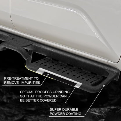 The side steps are made of heavy duty carbon steel with dual-stage textured black powder surface that resist heavy rain and snowstorms and can prevent rust and corrosion. Tubes with a diameter of 2 inches support up to 500 lbs.