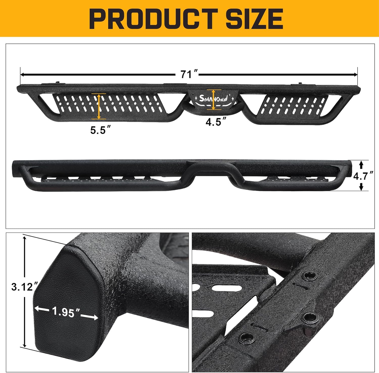 Length: 71 inches,  Height: 4.7 inches, Tube width: 1.95inches
