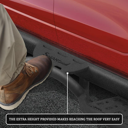 The step bars surface is rounded and smooth without sharp bumps to prevent scratching the skin. The square tube of side steps can protect rocker panel and impact protection.