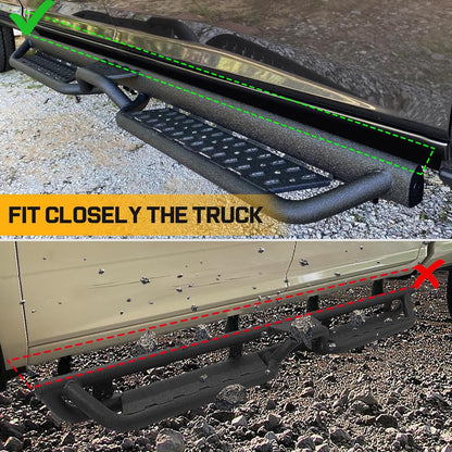 Short horizontal distance between running boards and body mounting points. Fit closely the truck.