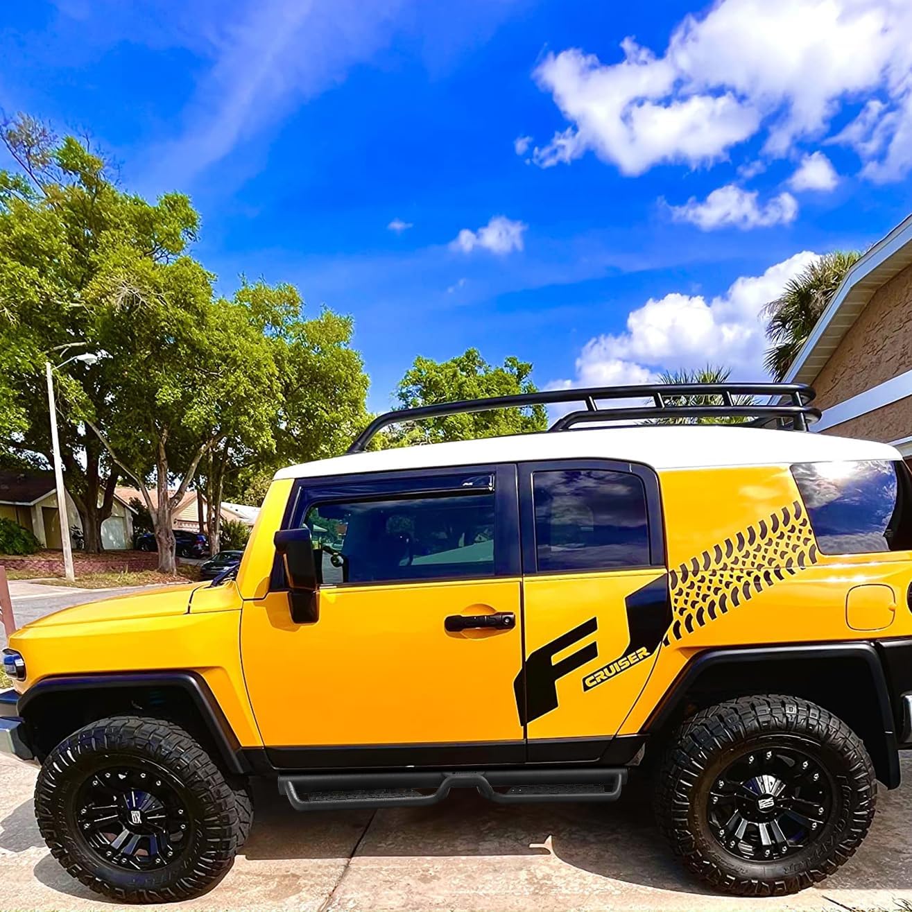 Truck running boards compatible with 2007-2014 Toyota FJ Cruiser SUV. Elevated semi-circular step design in the middle is convenient for easy access to items on the roof. 
