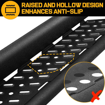 Our truck side steps feature a unique cut-out and raised design to provide a true anti-slip surface that goes beyond the usual flat cut-out design. 