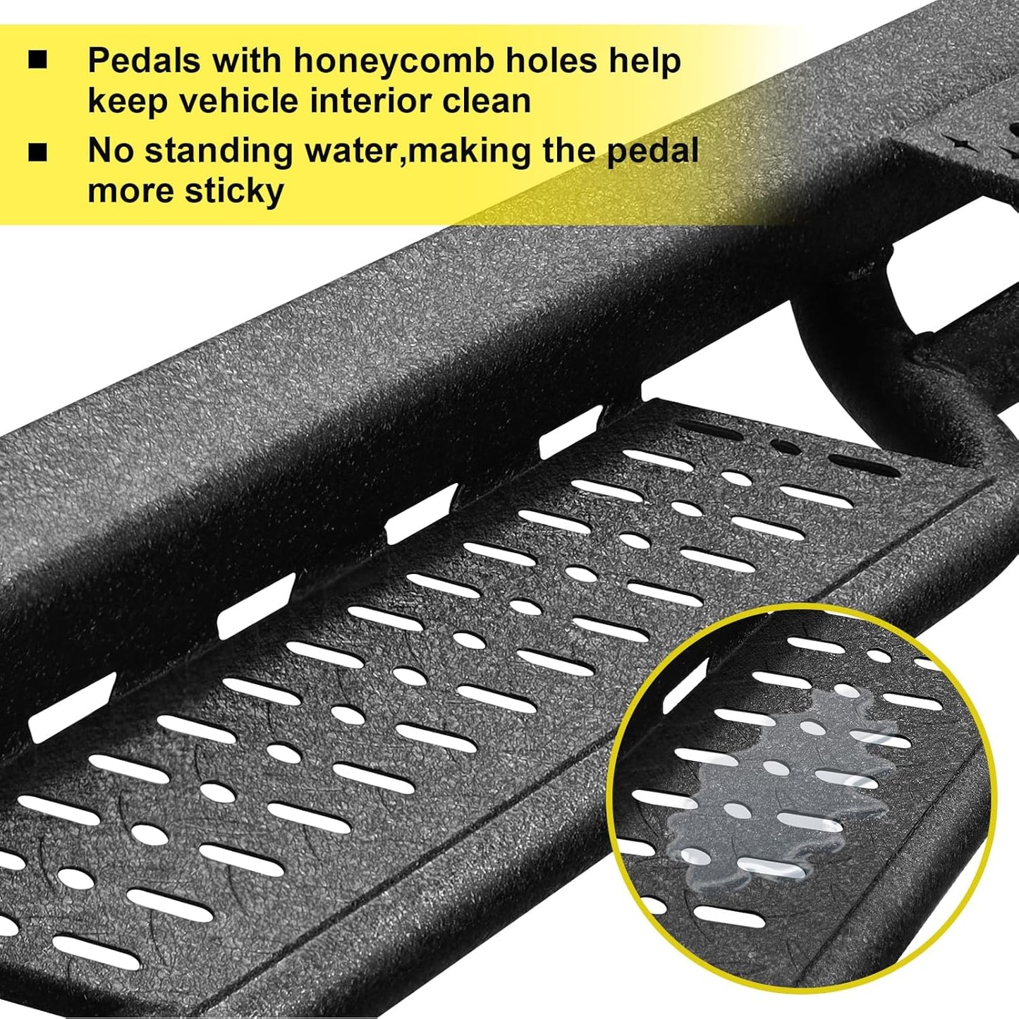 The honeycomb holes in the pedal effectively prevent water and mud from collecting on the surface of the pedal, keeping the surface of the pedal dry and clean even in inclement weather, ensuring safety while driving.