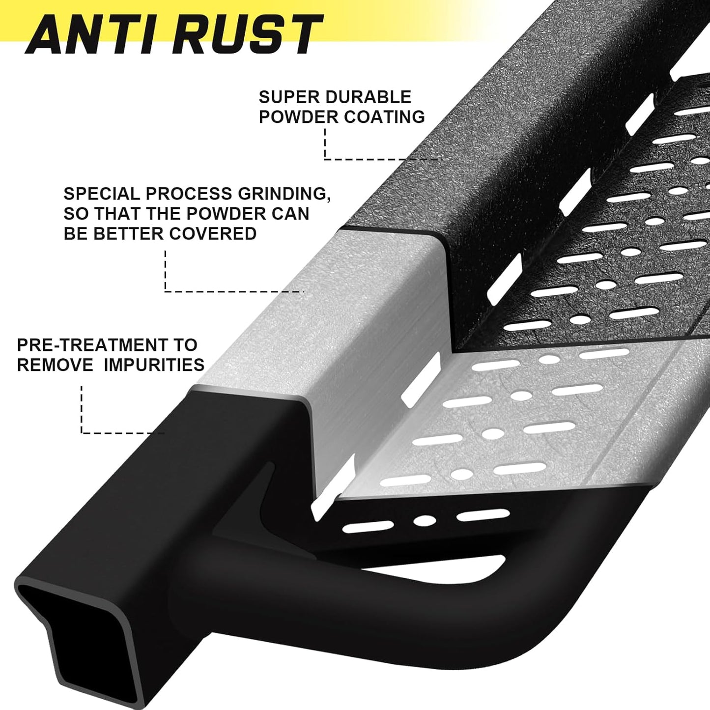 The side steps are made of heavy duty carbon steel with a dual-stage textured black powder surface that resist heavy rain and snowstorms and can prevent rust and corrosion. Tubes with a diameter of 3 inches support up to 500 LBS.