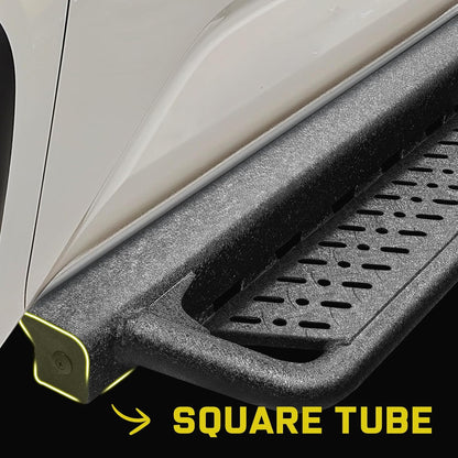 The tubular design of the running boards, based on the car's own crash barrier, comes with a special curved design that brings the running boards closer to the truck. 