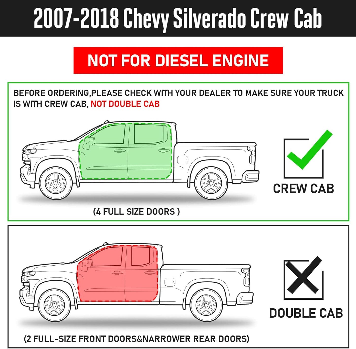 Fit for 2007-2018 Chevy Silverado & GMC Sierra 1500 2500HD 3500HD (Include 2019 1500 LD) / 2019 2500HD 3500HD Crew Cab.Does Not Compatible With Diesel Model.