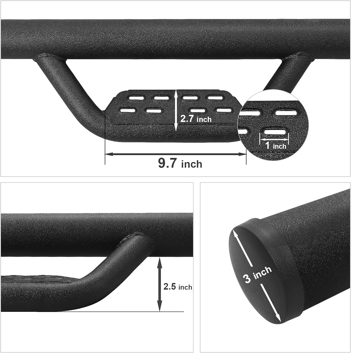 The width of the footrest is 2.7inches and the length is 9.7inches.