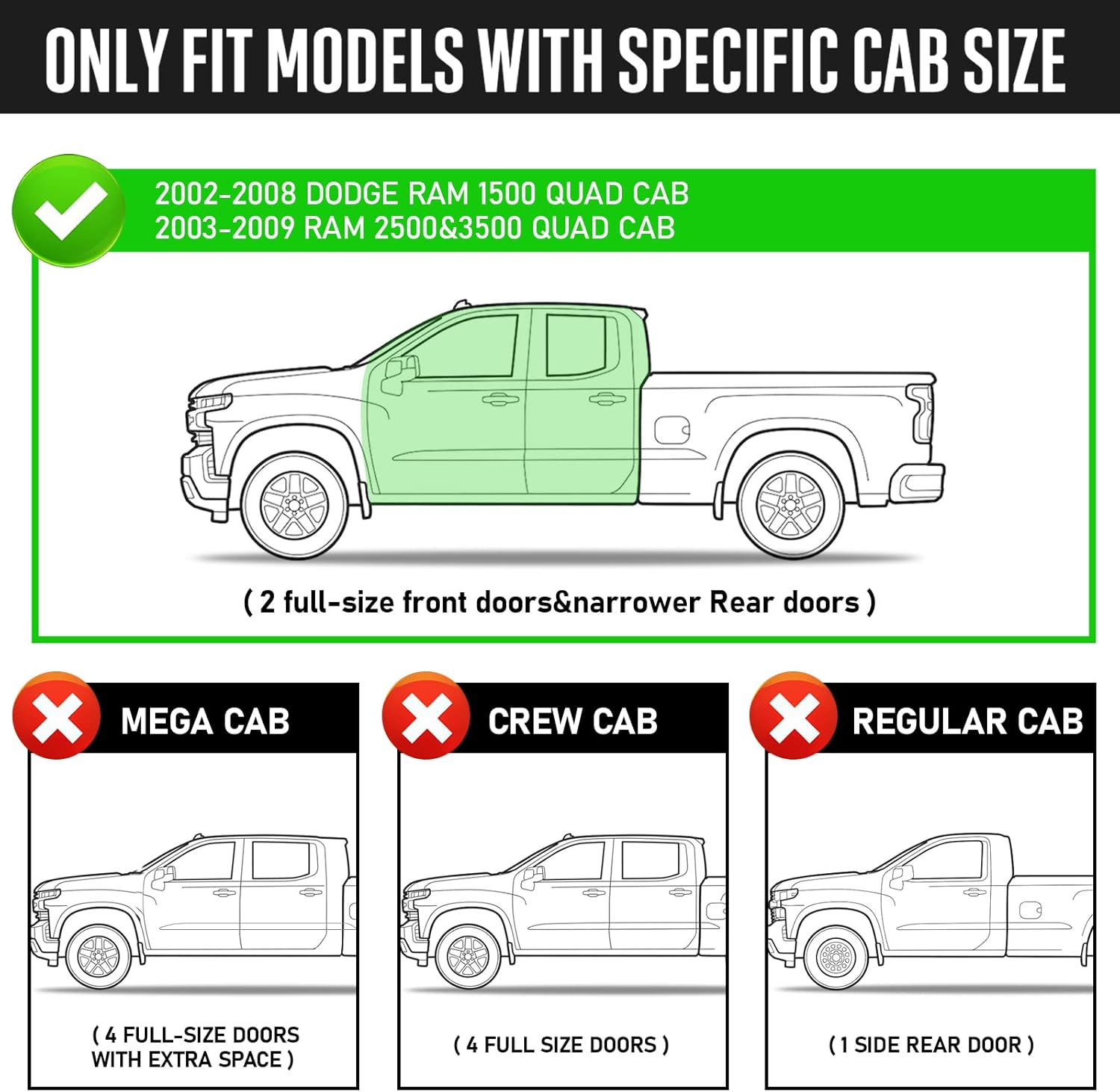 SMANOW Side Steps Compatible With 2002-2008 Ram 1500 Crew Quad Cab / 2003-2009 Dodge Ram 2500 / 3500 Crew Quad Cab With 3/4 Size Rear Doors(Exclude Daytona, Rumble Bee and SRT-10 models).Only Fit For Quad Cab. Not For Mega or Regular Cab.