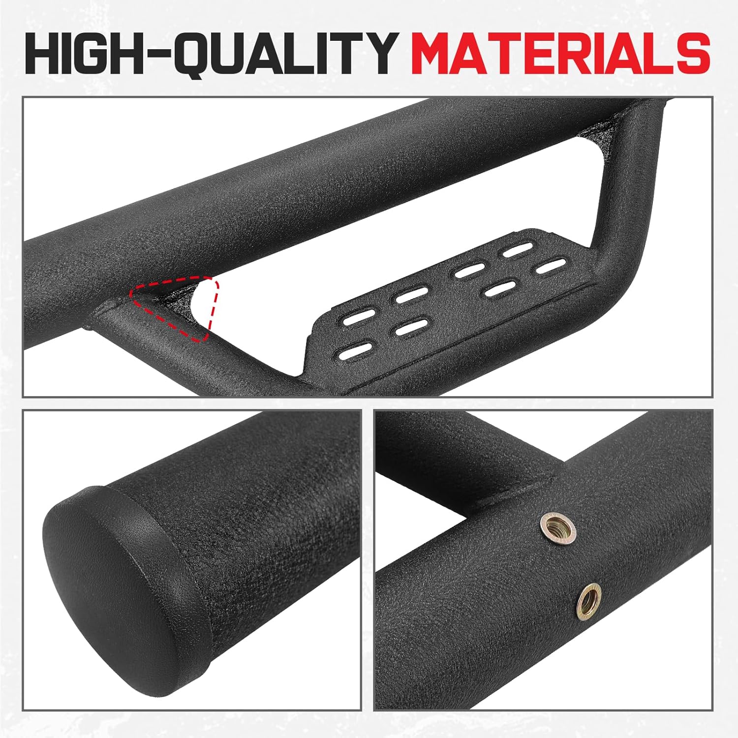 The steps have non-slip round holes that can not buildup the water on the step surface. There non-slip holes make the steps easier to clean and increases the friction between the step and the shoes, making it safer to get on and off the truck.