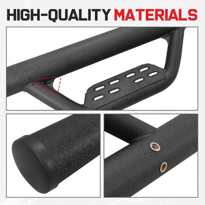 The steps have non-slip round holes that can not buildup the water on the step surface. There non-slip holes make the steps easier to clean and increases the friction between the step and the shoes, making it safer to get on and off the truck.