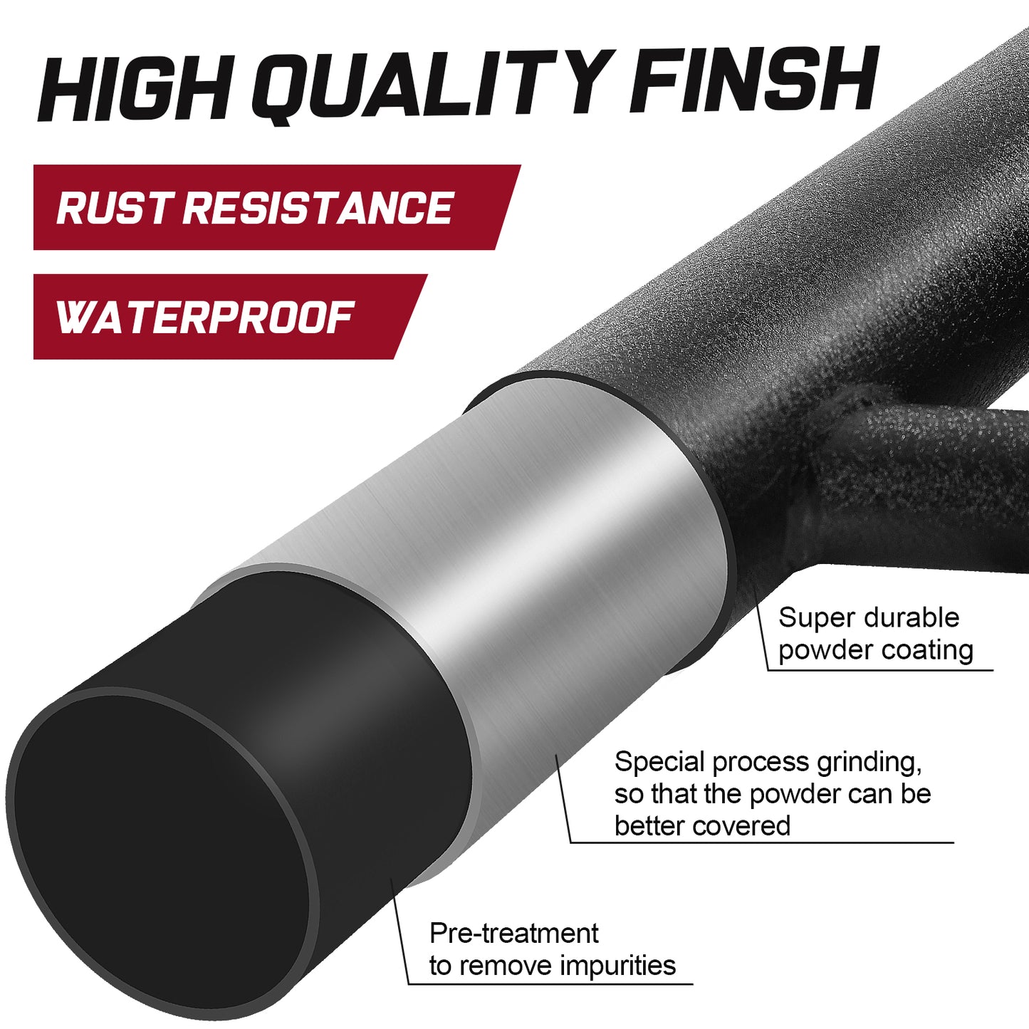 The surface features a matte textured black powder coating for excellent rust and corrosion resistance. Heavy duty material. The step mat has a special anti-slip design, and the laser-cut holes allow water to stay away. Provides excellent traction.