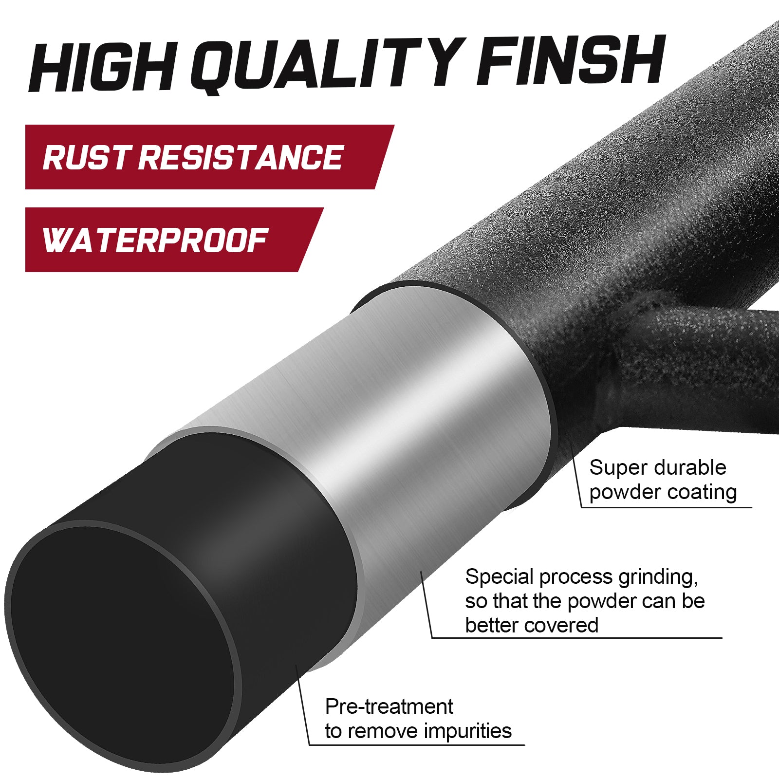The surface features a matte textured black powder coating for excellent rust and corrosion resistance. Heavy duty material. The step mat has a special anti-slip design, and the laser-cut holes allow water to stay away. Provides excellent traction.