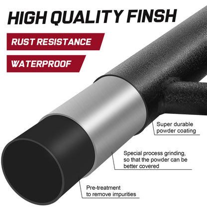 The surface features a matte textured black powder coating for excellent rust and corrosion resistance. Heavy duty material. The step mat has a special anti-slip design, and the laser-cut holes allow water to stay away. Provides excellent traction.