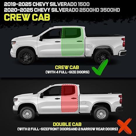 Truck Running Boards Compatible with 2019-2026 Chevy Silverado/GMC Sierra 1500 Crew Cab, 2020-2026 Silverado/Sierra 2500HD 3500HD Crew Cab. It Does Not fit Double Cab with 2 narrow rear doors, 2019 Silverado 1500 LD, or 2019 Sierra 1500 Limited.
