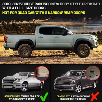 Truck running boards Compatible with 2019-2026 Dodge Ram 1500 Crew Cab with 4 Full-size Doors. Only fit for ram 1500 new body style, not for classic model or ram 2500 3500 . It does not for Quad Cab with 2 half-size rear doors.