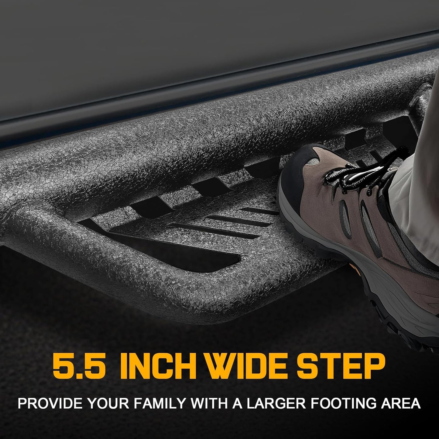 The drop down sidesteps design, with a 5.5-inch wide step area, offers better support, facilitates easy entry and exit from the truck and enhancing user experience.