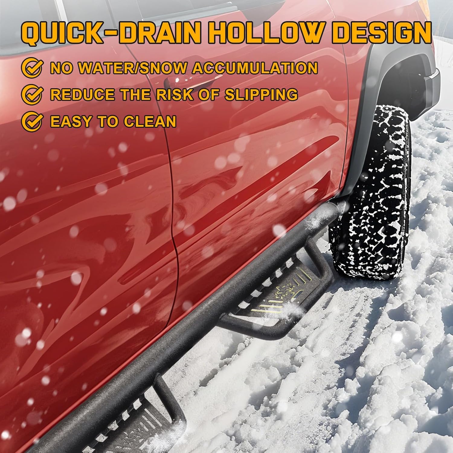 The hollow design nerf bar can reduce the chance of dirt, sand, or snow being carried into the cab. And effectively prevents the accumulation of water and soil on the step surface, keeps the surface dry and clean even in inclement weather to ensure driving safety.