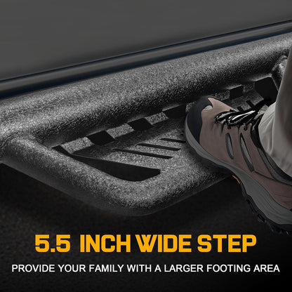 The drop down sidesteps design, with a 5.5-inch wide step area, offers better support, facilitates easy entry and exit from the truck and enhancing user experience.