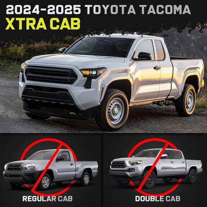 Truck running boards compatible with 2024-2025 Toyota Tacoma xtra cab/access cab with 2 full-size front doors and 2 narrower rear doors. (Please confirm the cab picture in the listing before ordering.)
