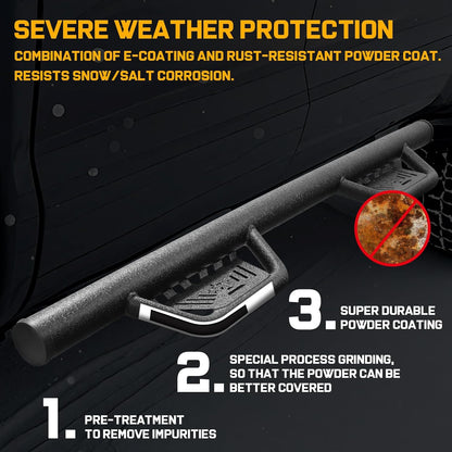 The sidestep is made of heavy-duty carbon steel and provides better load-bearing properties for up to 350 LBS. The welding of the small step to the main tube adopts multi-point welding, which makes the force on the welding area more uniform and improves the overall firmness and durability.