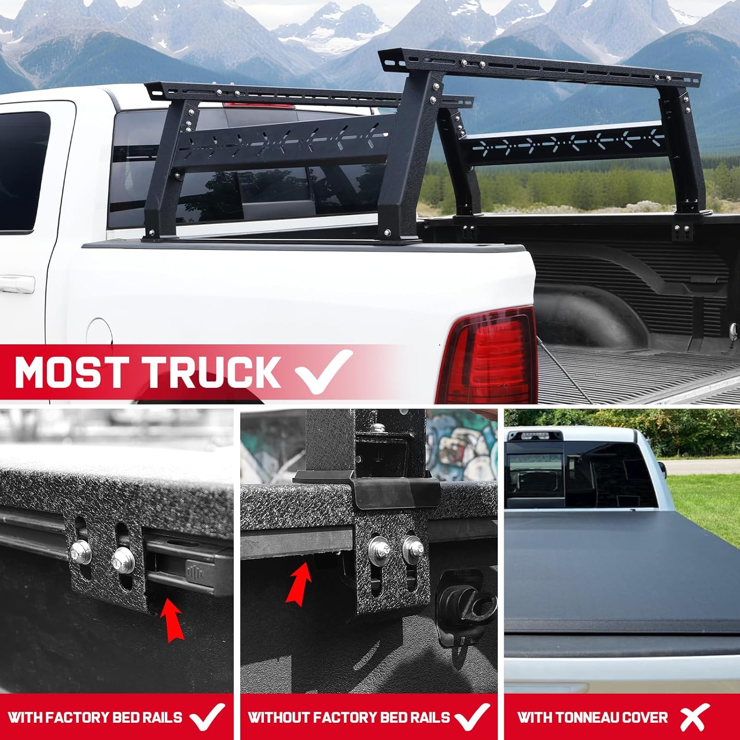 SMANOW ladder rack compatible with 2015-2025 Chevy Colorado & GMC Canyon/2005-2025 Frontier/2005-2025 Toyota Tacoma/2004-2025 Ford F-150/1999-2025 Ford F-250 F-350 Super Duty/2007-2024 Toyota Tundra/2002-2025 Dodge Ram 1500/2003-2024 Dodge Ram 2500 3500/2007-2025 Chevy Silverado 1500/ GMC Sierra 1500/2004-2025 Nissan Titan/2016-2024 Titan XD.