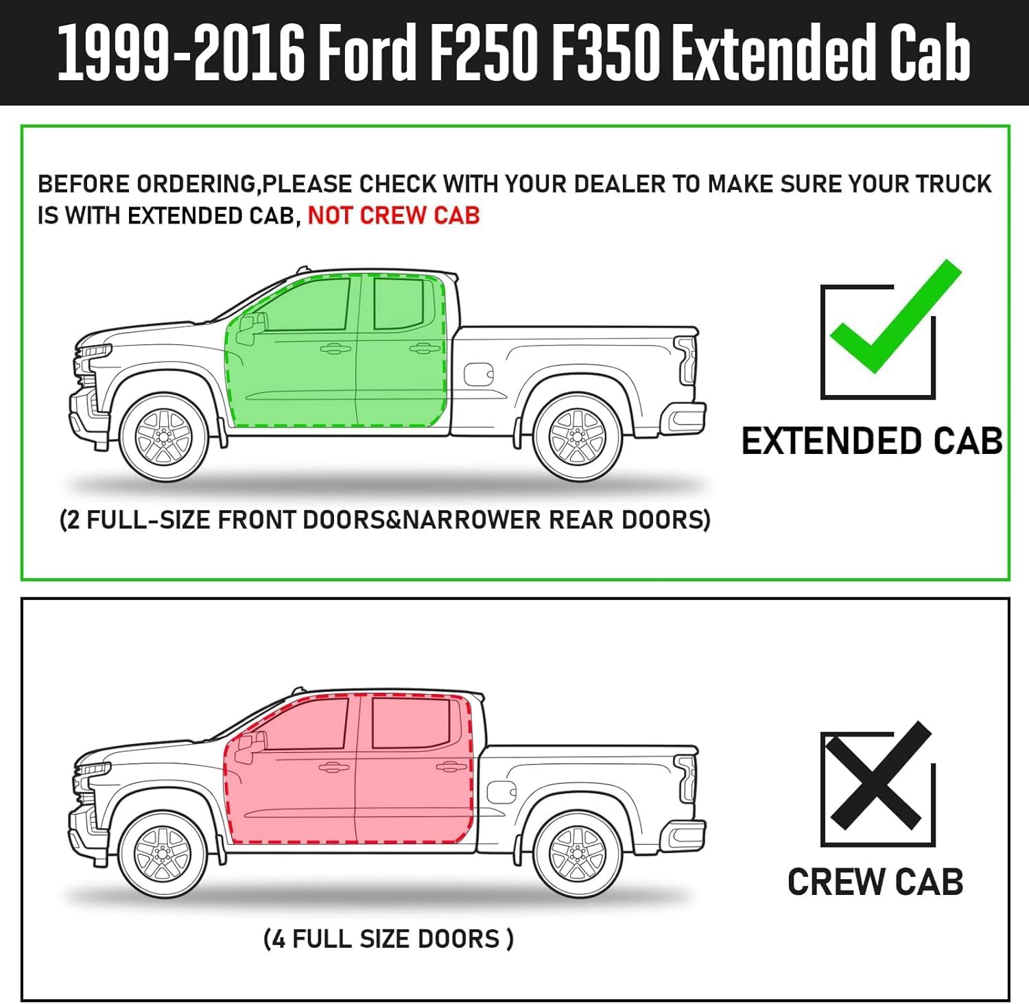FITMENT: Truck Running Boards Compatible With 1999-2016 Ford F250 F350 Super Cab(3/4 Size Rear Door).