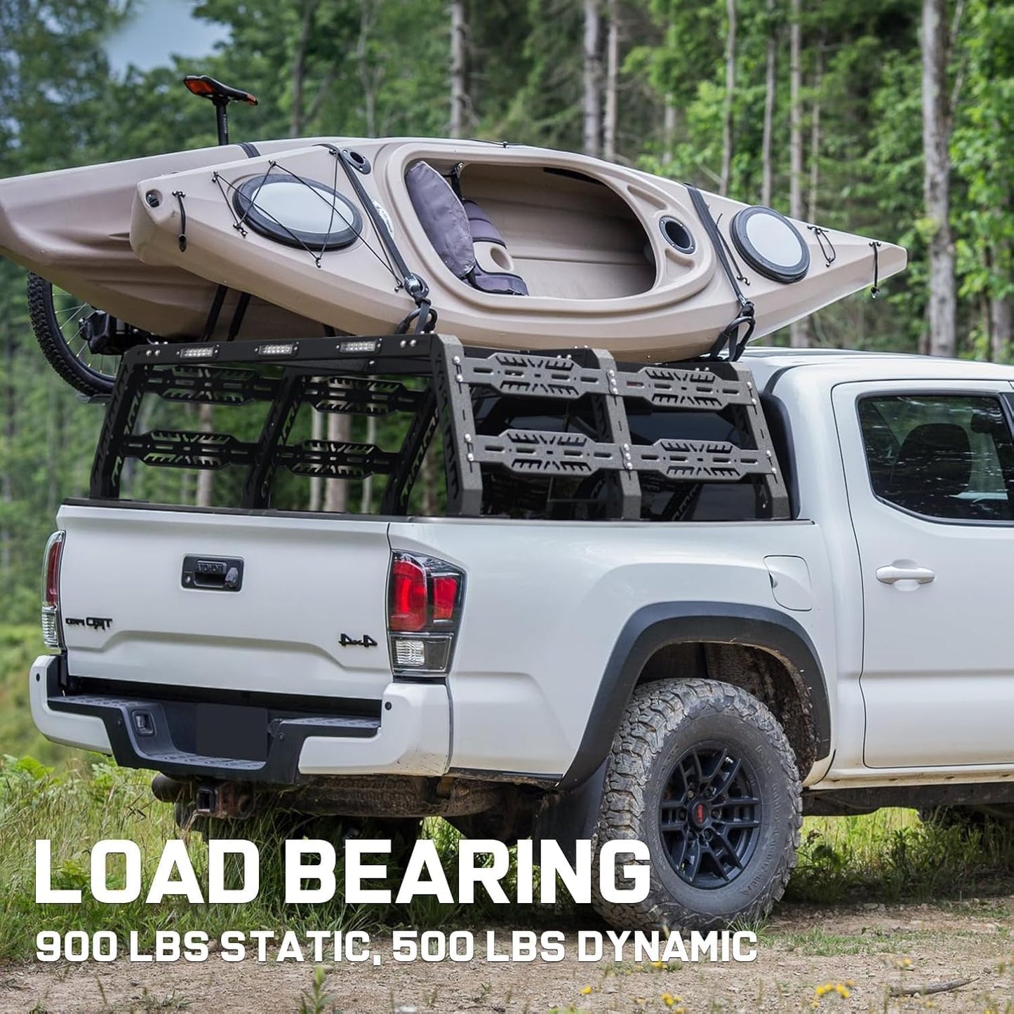 The overland bed rack is constructed of 3mm thick carbon steel to maximize weight capacity, with a static weight capacity of 900 LBS and a dynamic weight capacity of 500 LBS.
