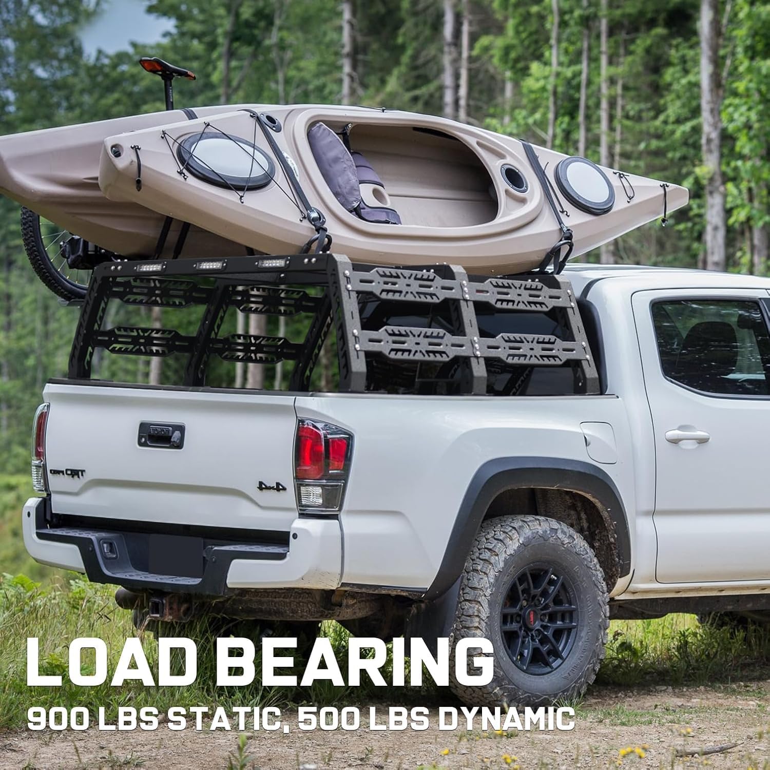The overland bed rack is constructed of 3mm thick carbon steel to maximize weight capacity, with a static weight capacity of 900 LBS and a dynamic weight capacity of 500 LBS.