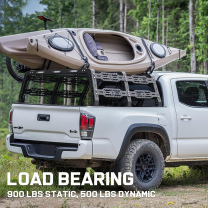The overland bed rack is constructed of 3mm thick carbon steel to maximize weight capacity, with a static weight capacity of 900 LBS and a dynamic weight capacity of 500 LBS.