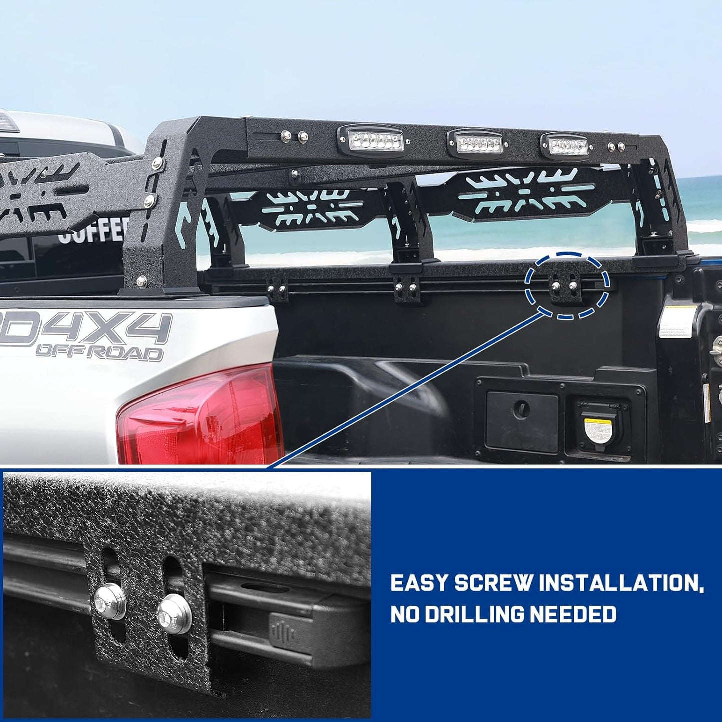 No drilling, cutting, or modification required—simply assemble and mount. Includes all necessary hardware and instructions for a hassle-free setup. Securely bolts onto your truck bed rail system with everything provided for a worry-free installation.