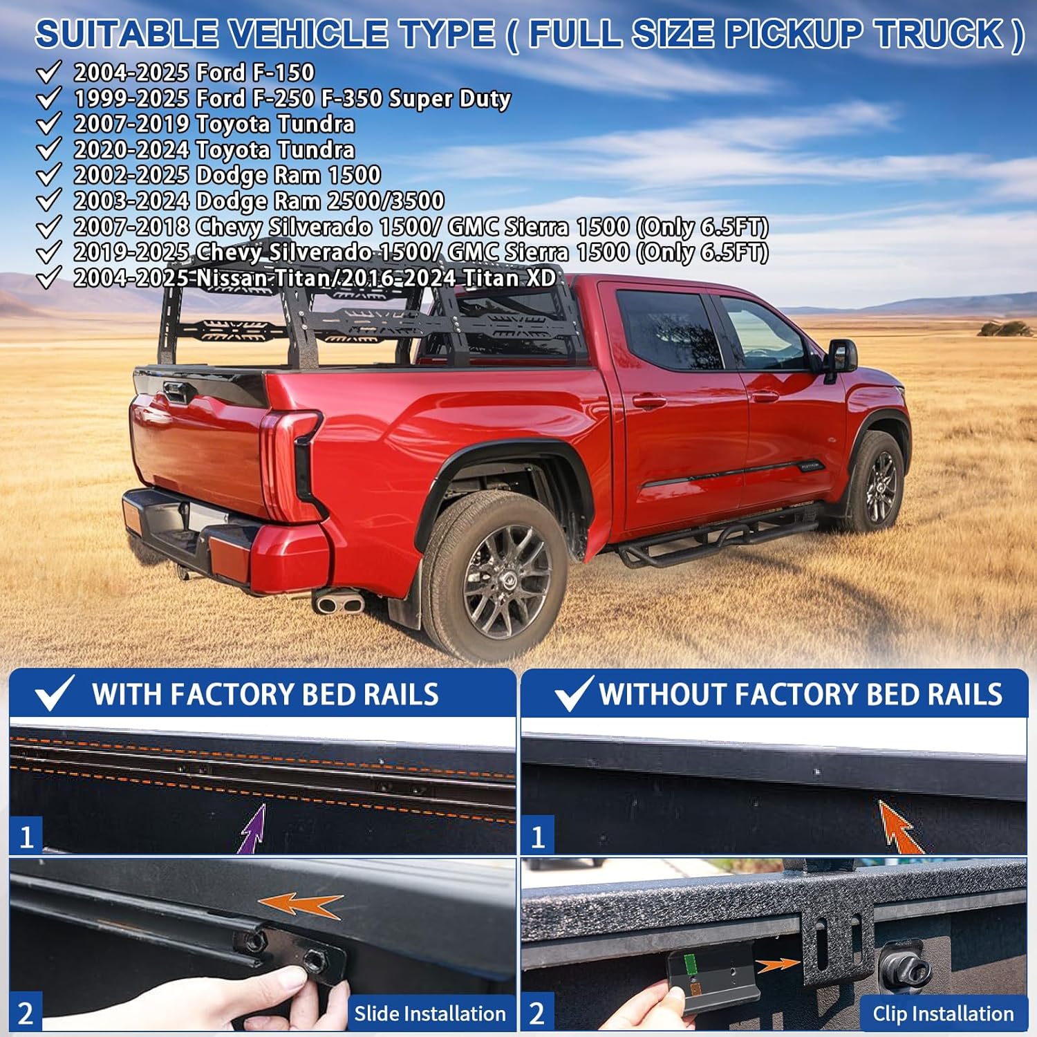 Truck bed rack compatible with 2004-2025 Ford F-150/2009-2025 Dodge Ram/2004-2025 Nissan Titan/2016-2025 NissanTitan Xd/2014-2025 Silverado 1500/Sierra 1500（Only 6.5FT）/2007-2024 Toyota Tundra, for trucks (This bed rack will not work with a tonneau cover)