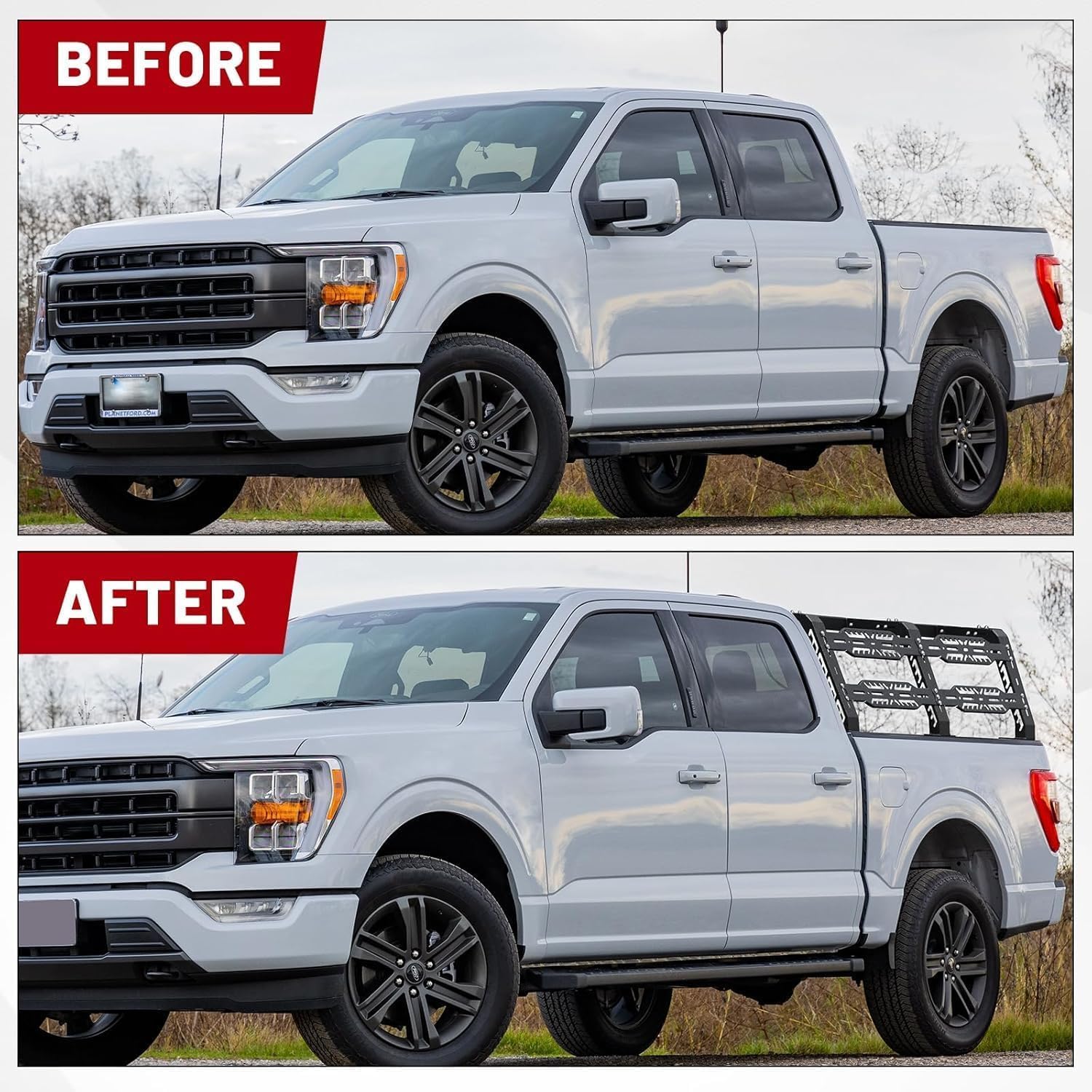 The height of the bed frame from the truck bed rails to the top of the frame is 22 1/2 inches. length is 64 inches and width is 61 to 65 inches. customized specifically for truck to perfectly match the bed from front to back. most universal products are designed to be a little shorter in order to fit a wide range of vehicles.