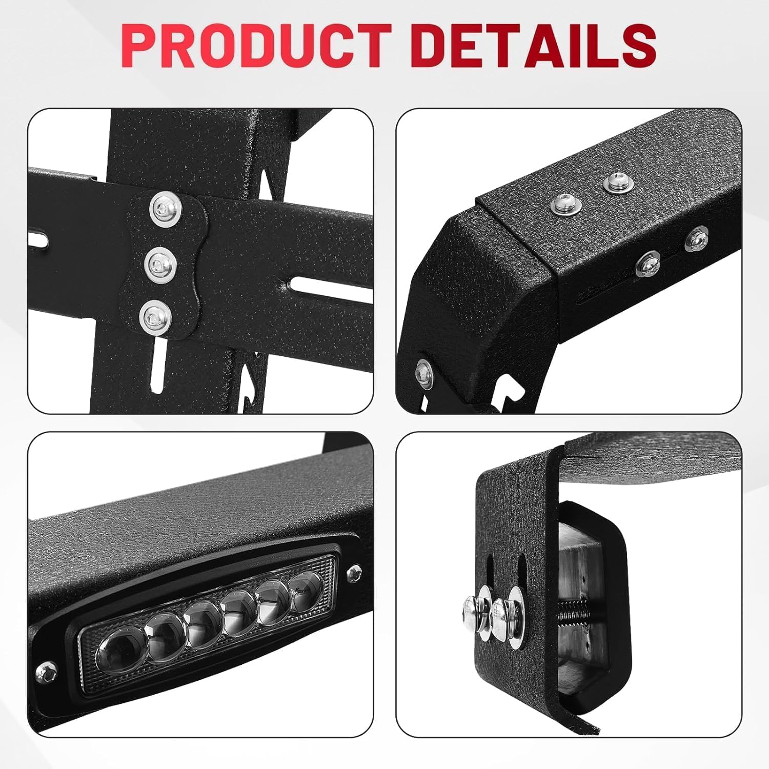 The overland bed rack is made of carbon steel with black textured powder coating and e-coating process for durability and corrosion resistance.