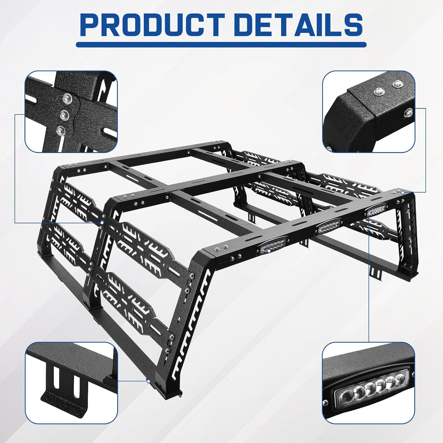 The overland bed rack is made of carbon steel with black textured powder coating and e-coating process for durability and corrosion resistance.