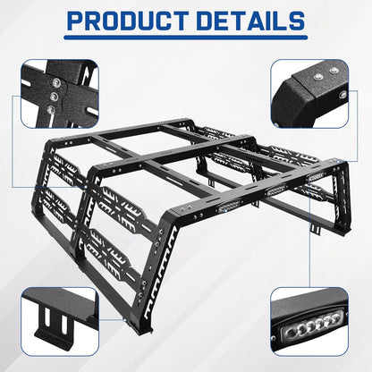The overland bed rack is made of carbon steel with black textured powder coating and e-coating process for durability and corrosion resistance.