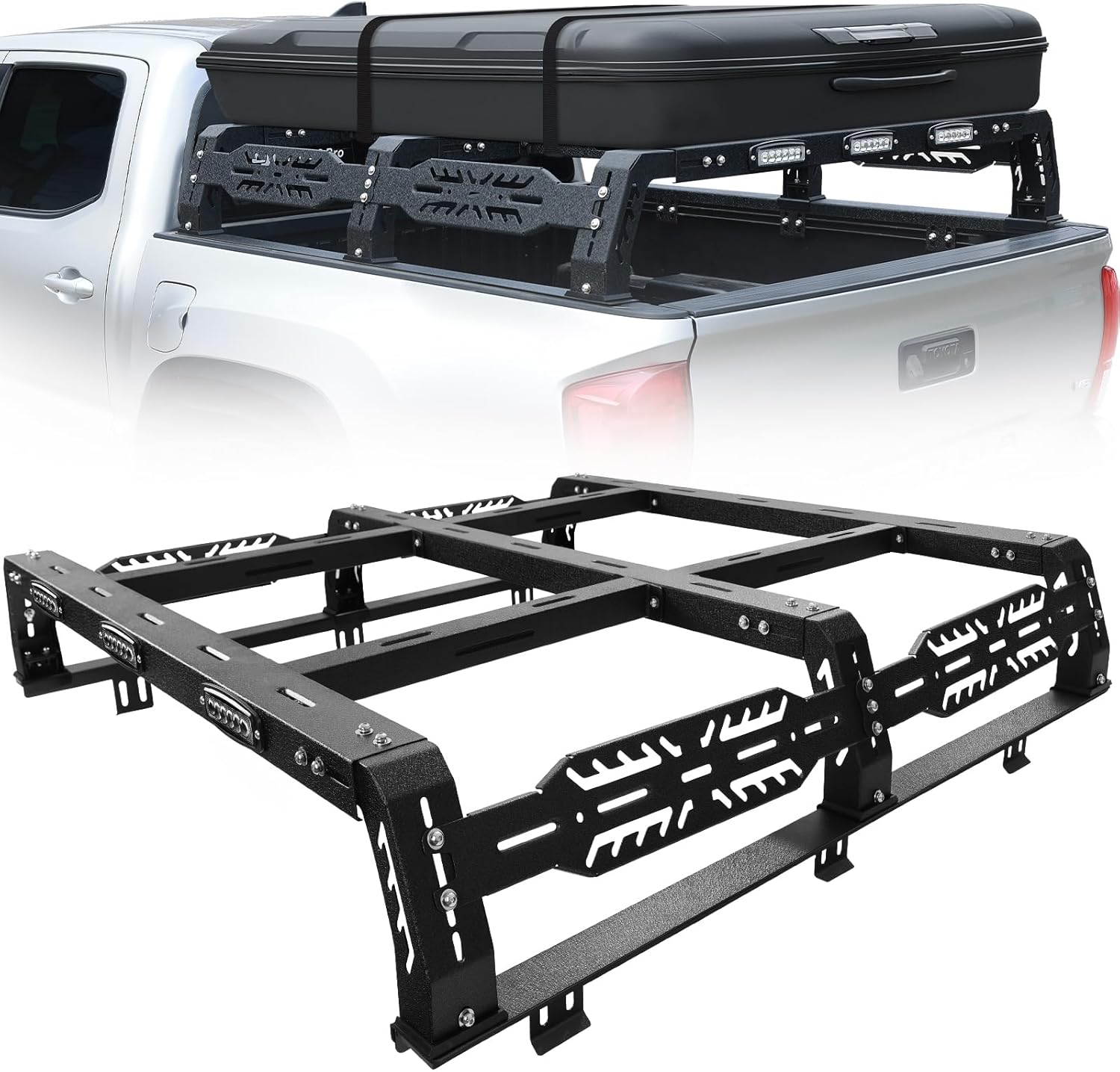 SMANOW Overland Bed Rack for Full Size Truck 10.5" Bed Rack with 3 LED Lights Compatible with Ford/Dodge Ram/Toyota Tundra/Nissan Titan/Silverado(6.5FT) Without Tonneau Cover. Multifunction Bed Racks.