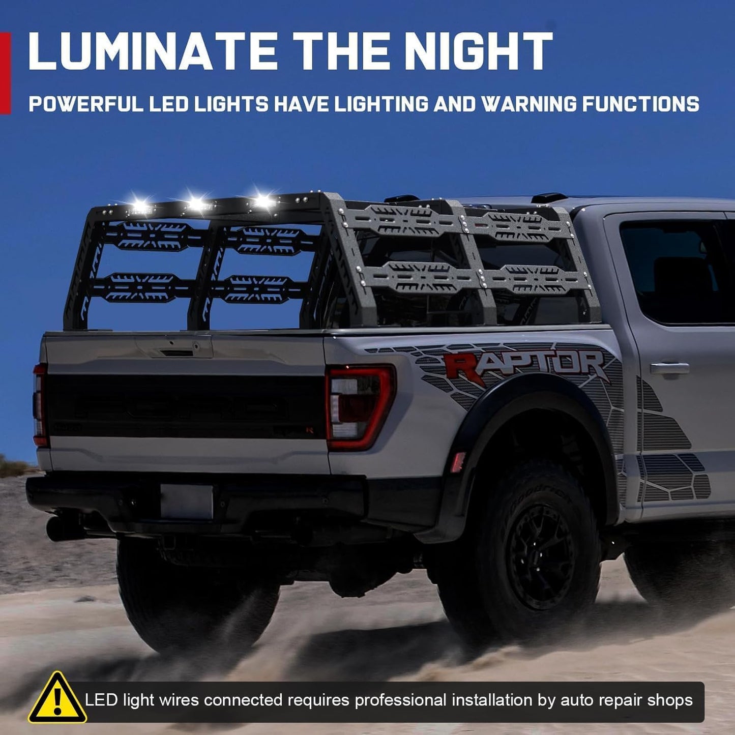 The bed rack is equipped with three LED light strips, providing ample illumination for nighttime driving while also functioning as warning lights to prevent vehicle collisions and ensure road safety. Its design significantly enhances nighttime visibility and facilitates easy handling of items, further ensuring safe operations in driving conditions.