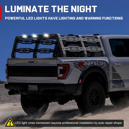 The bed rack is equipped with three LED light strips, providing ample illumination for nighttime driving while also functioning as warning lights to prevent vehicle collisions and ensure road safety. Its design significantly enhances nighttime visibility and facilitates easy handling of items, further ensuring safe operations in driving conditions.