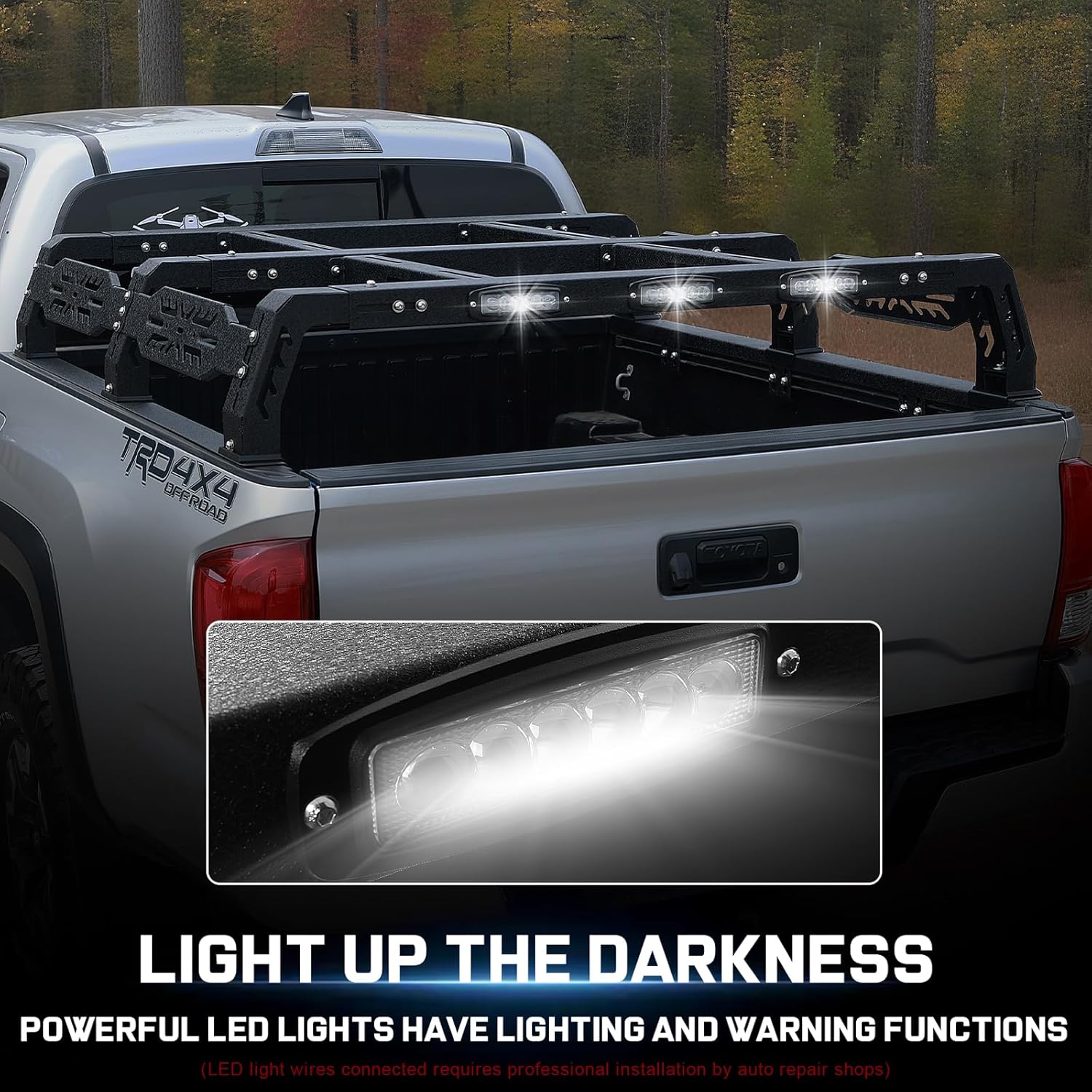 The bed rack is equipped with three LED light strips, providing ample illumination for nighttime driving while also functioning as warning lights to prevent vehicle collisions and ensure road safety. Its design significantly enhances nighttime visibility and facilitates easy handling of items, further ensuring safe operations in driving conditions.