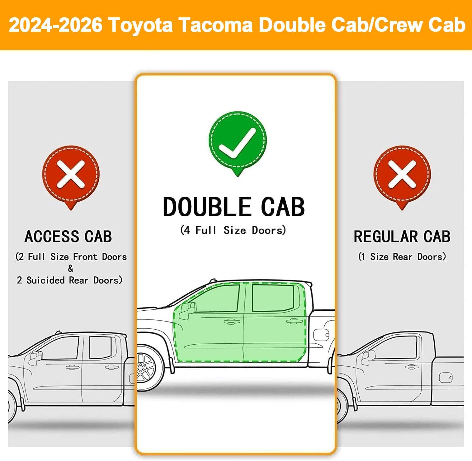 Running Boards Compatible with 2024-2026 Toyota Tacoma Double/Crew Cab with 4 Full-Size Doors. Not for Access Cab with 2 Narrow Rear Doors. Only Fits for 2024-2026 Tacoma, Not for 2005-2023.