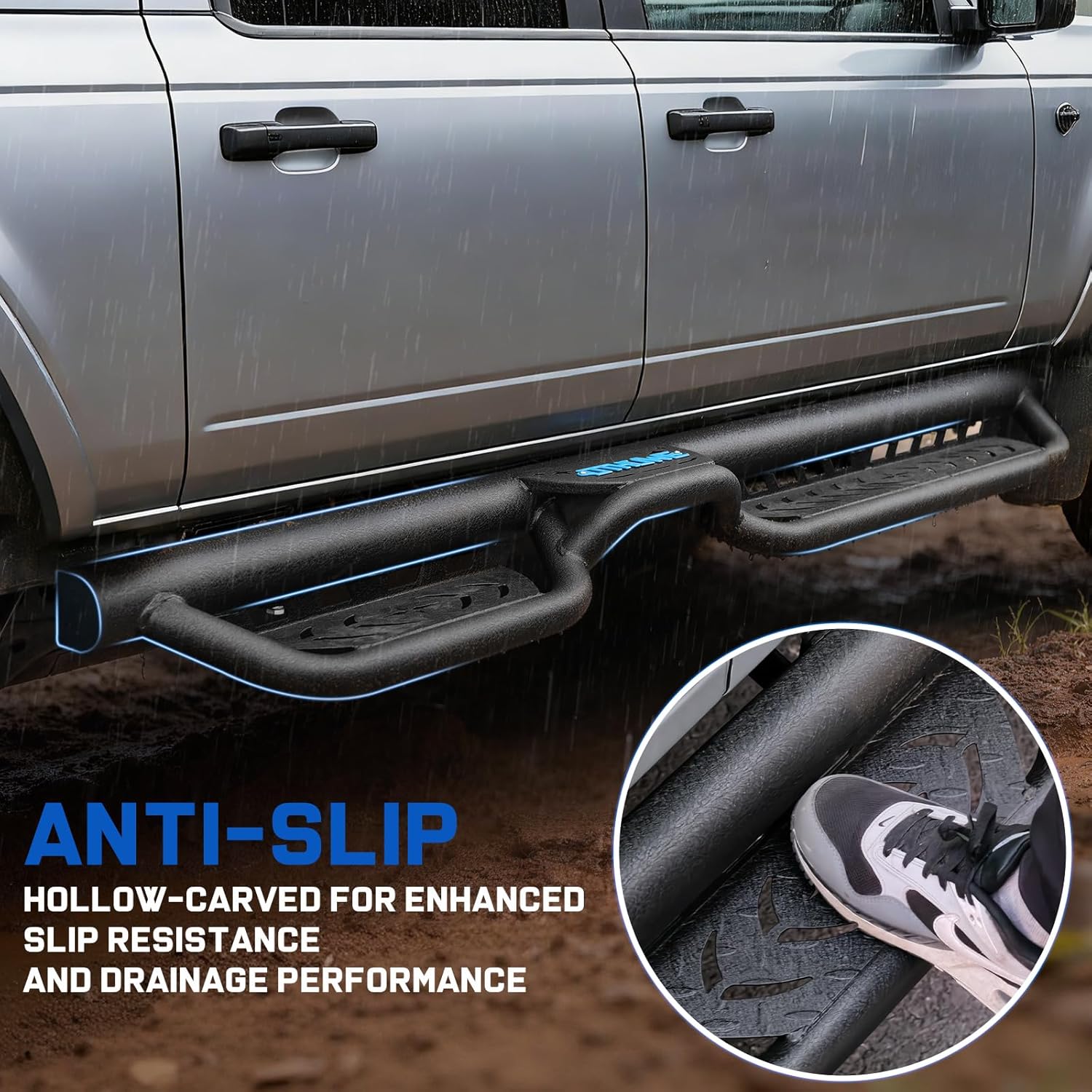 The hollow-carved design effectively prevents water and dirt from accumulating on the pedal surface, keeping the pedals dry and clean even in harsh weather conditions. This design significantly reduces the risk of slipping, thereby enhancing driving safety.