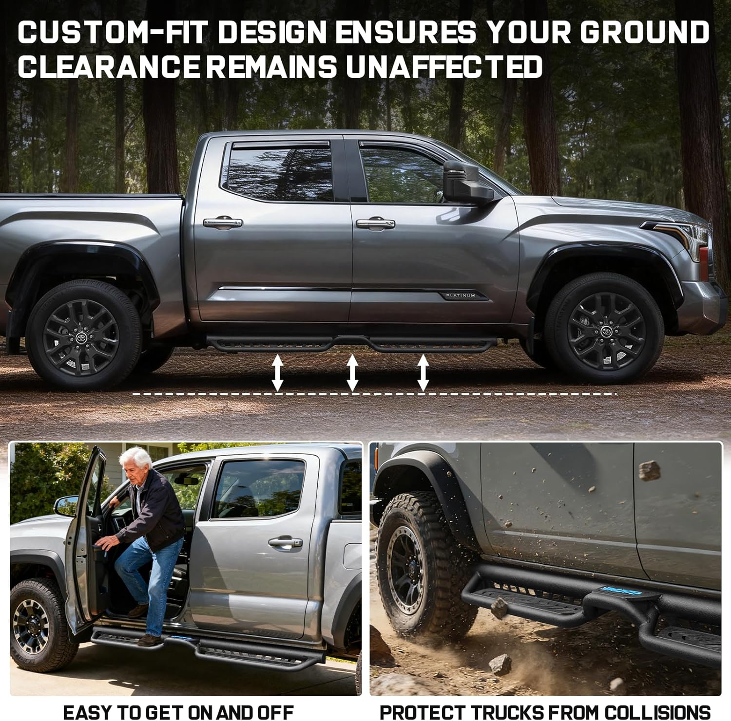 Featuring a unique two-stair structure to ensure safe entry and exit for all ages. The elevated center step facilitates loading/unloading items from the roof and roof cleaning while maintaining ample ground clearance.