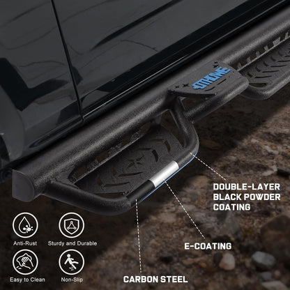 This Side Step is forged from heavy-duty carbon steel, delivering high structural strength and impact resistance. Its surface features a premium black powder coating that provides exceptional rust protection. With this dual-process reinforcement, it withstands harsh environments like salt spray and muddy conditions, supporting up to 550 pounds per side without bending.