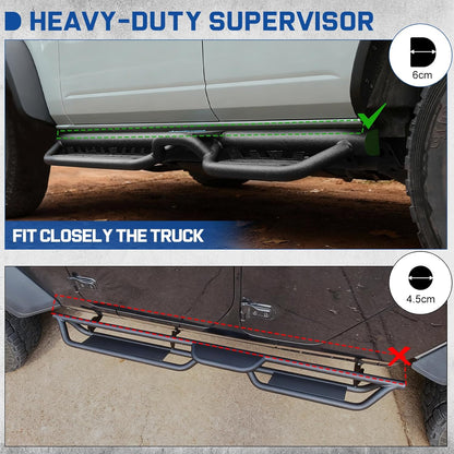 Our side steps feature 60mm thickened main tubes, significantly enhancing the load-bearing capacity of the main beam. This design offers a distinct advantage over the industry standard 45mm diameter tubes. The semi-circular profile ensures a snug fit against the truck body while effectively preventing deformation.