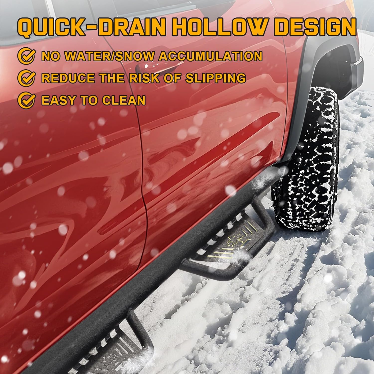 The hollow design nerf bar can reduce the chance of dirt, sand, or snow being carried into the cab. And effectively prevents the accumulation of water and soil on the step surface, keeps the surface dry and clean even in inclement weather to ensure driving safety.
