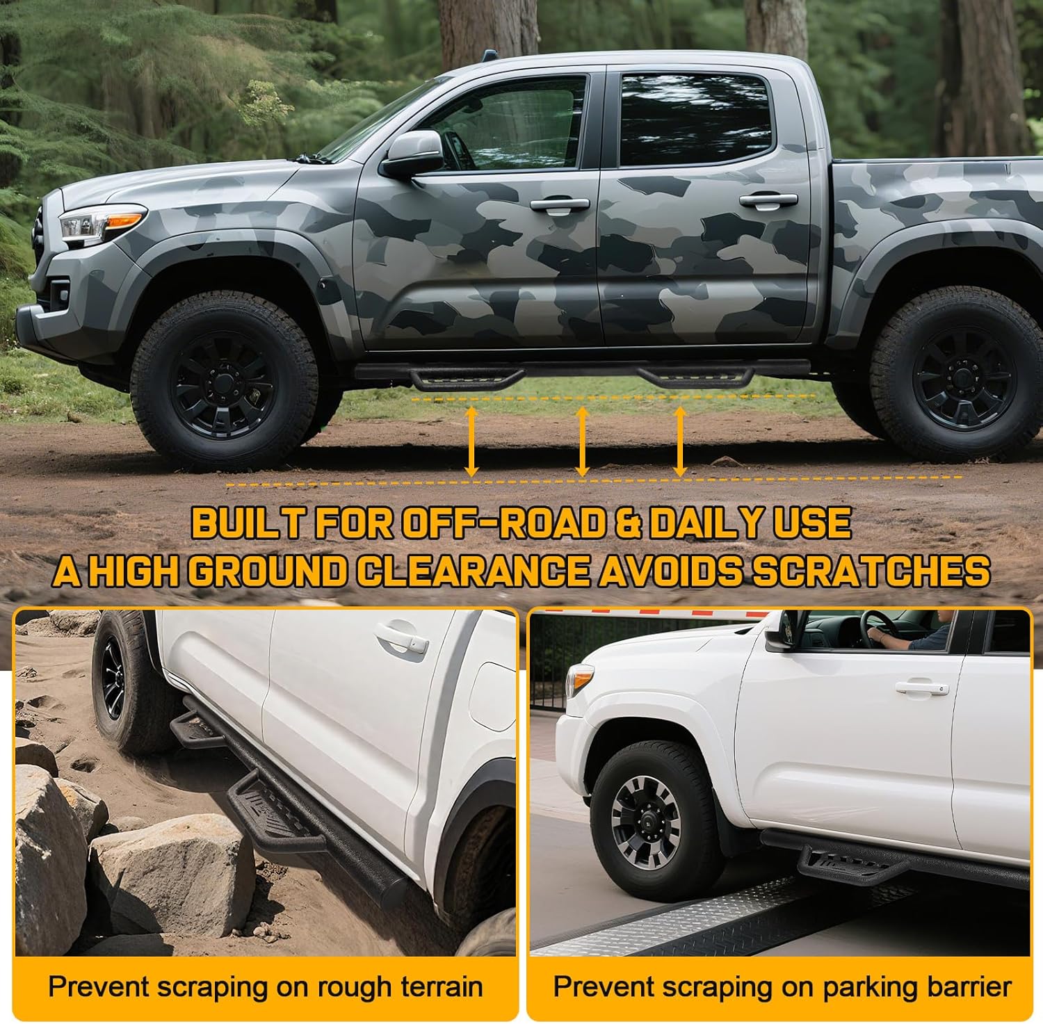 Whether it's the rough roads during off-roading or the parking barriers in urban environments, this high ground clearance side steps can effectively reduce scratches.